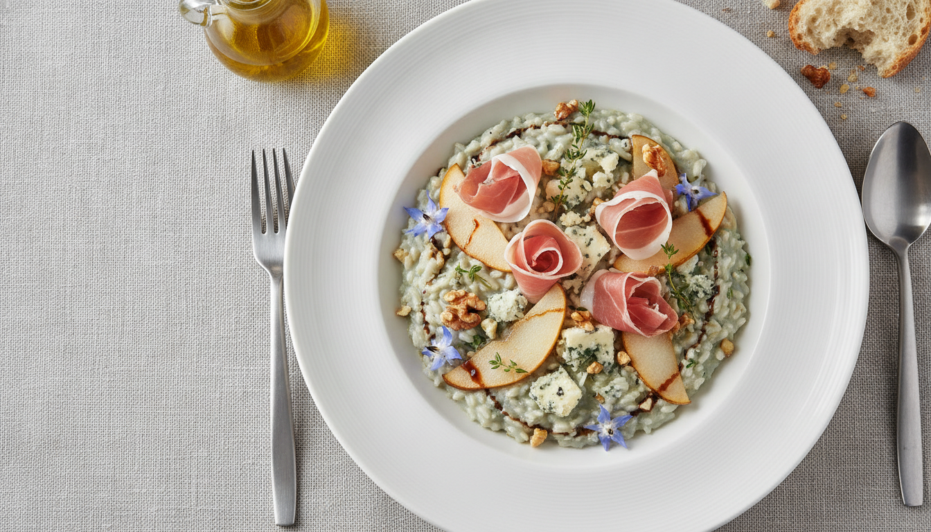 découvrez notre recette gourmande de risotto crémeux au fromage bleu, jambon cru et poires délicates, alliant saveurs intenses et finesse pour un plat raffiné et réconfortant.