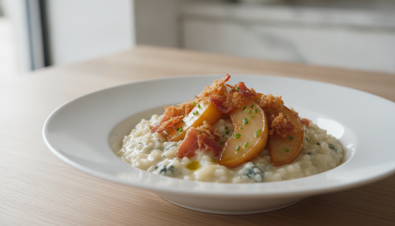 découvrez notre recette savoureuse de risotto crémeux au fromage bleu, jambon cru et poires délicates, alliant douceur et raffinement pour un plat unique et gourmand.