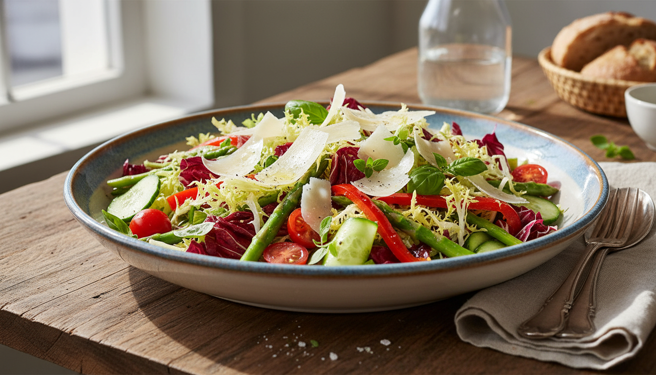 découvrez une salade composée fraîche et originale qui accompagne parfaitement une pizza au parmesan, pour un repas savoureux et équilibré.