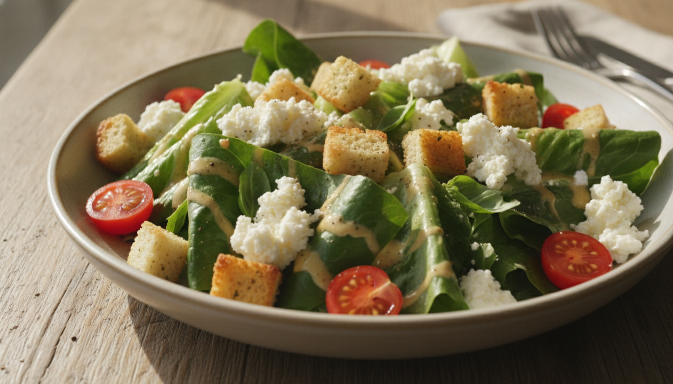 découvrez une salade césar réinventée avec une touche de fraîcheur grâce au fromage frais, pour un plat léger et savoureux.