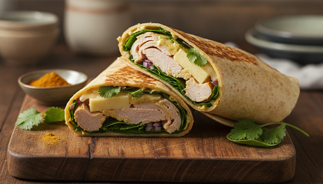 découvrez notre wrap gourmand à la dinde, fromage, moutarde aux épices curry et coriandre fraîche, une explosion de saveurs à chaque bouchée pour un repas savoureux et original.