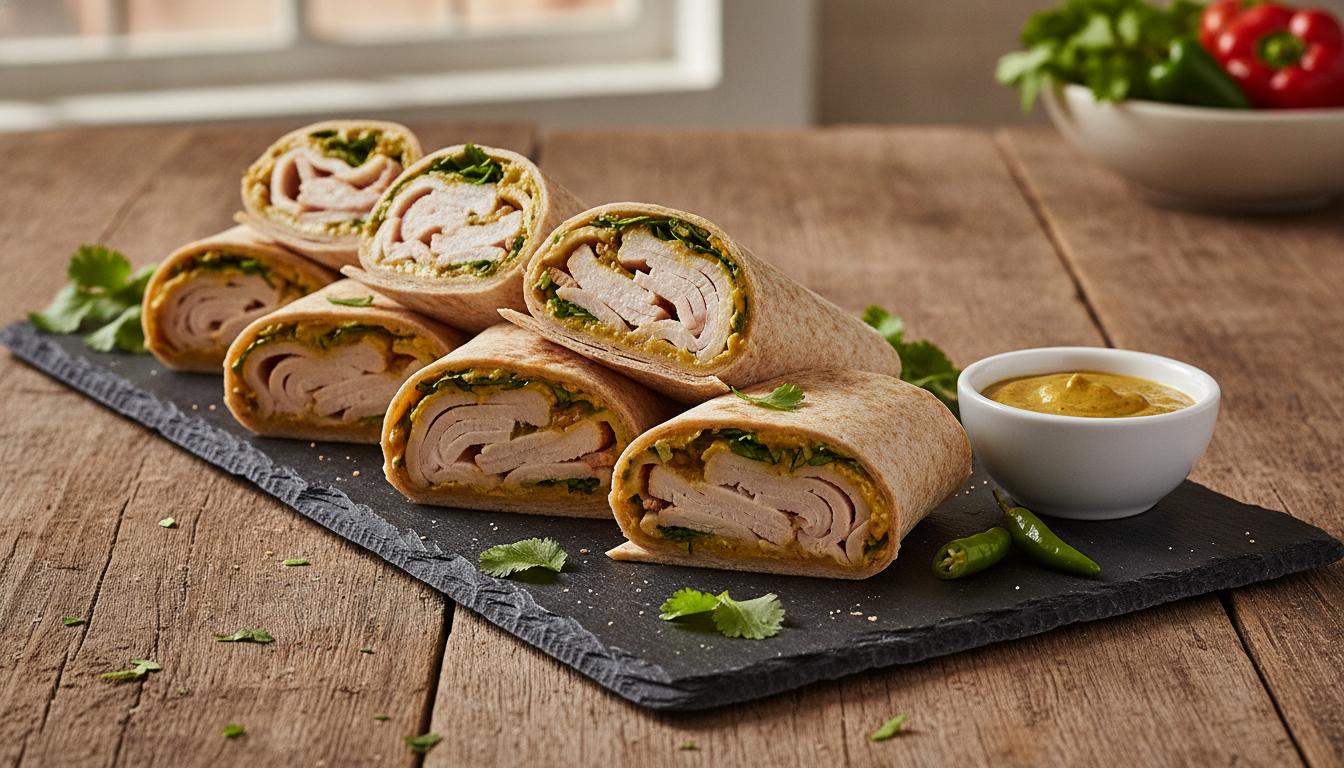découvrez notre wrap gourmand à la dinde, fromage, moutarde aux épices curry et coriandre fraîche, une explosion de saveurs qui ravira vos papilles.
