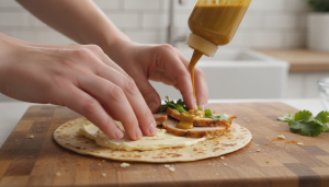 découvrez notre wrap gourmand à la dinde, fromage, moutarde aux épices curry et coriandre fraîche, une explosion de saveurs qui ravira vos papilles à chaque bouchée.