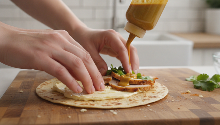 découvrez notre wrap gourmand à la dinde, fromage, moutarde aux épices curry et coriandre fraîche, une explosion de saveurs qui ravira vos papilles à chaque bouchée.