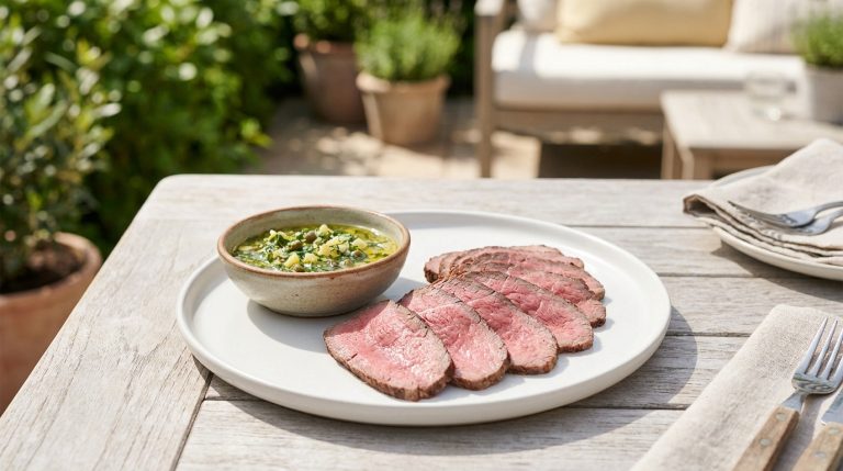 Tranches de rôti de bœuf rosé sur une assiette blanche, accompagnées d'un bol de sauce ravigote sur une table en bois.