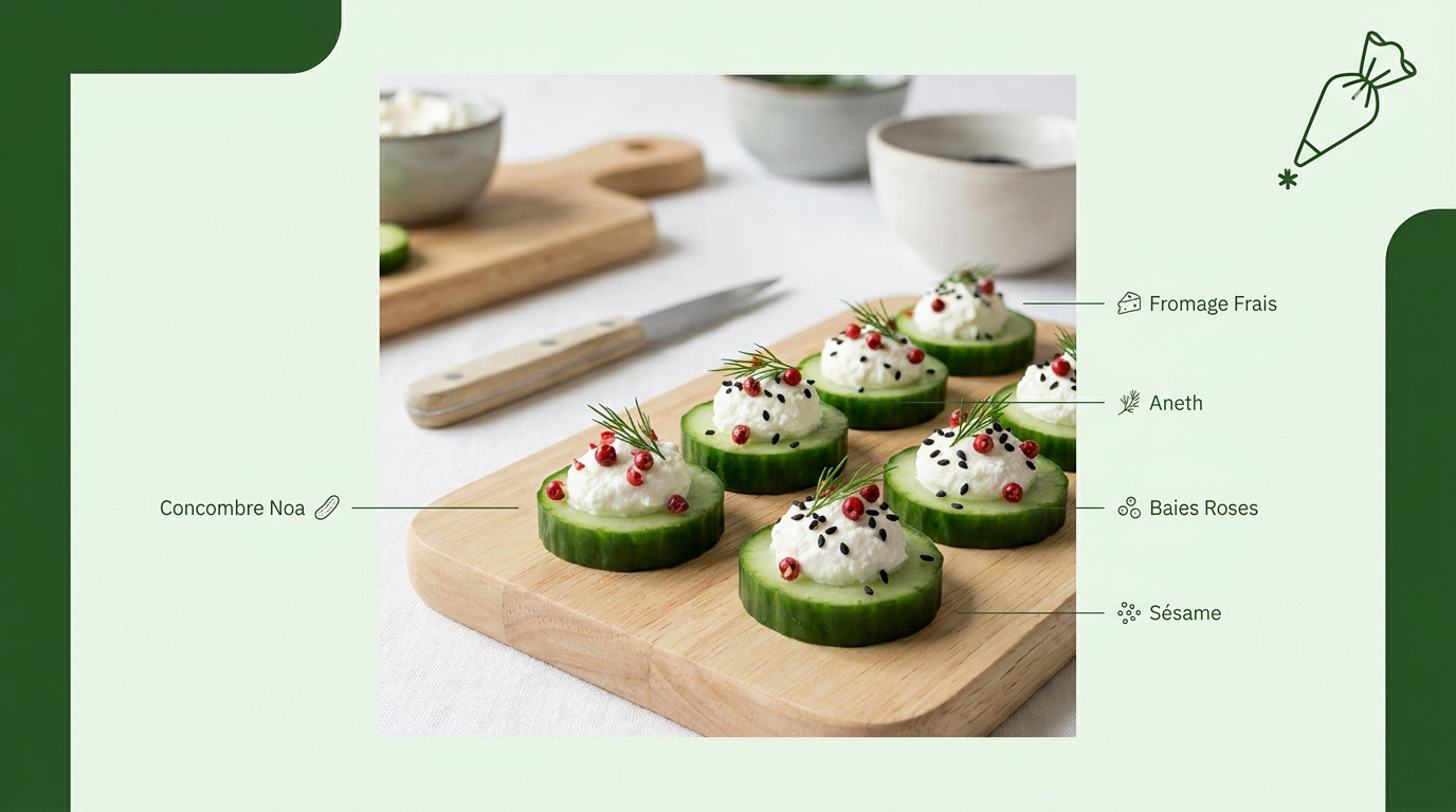 Bouchées de concombre croquantes garnies de fromage frais et d'aneth