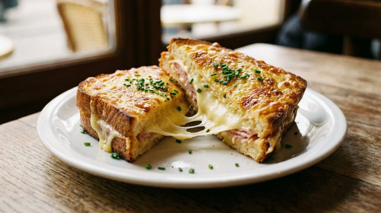 Un croque-monsieur coupé en deux avec du camembert fondu qui coule sur une assiette en céramique blanche.