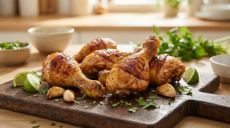 Pilons de poulet rôtis avec des quartiers de citron et des herbes sur une planche en bois dans une cuisine lumineuse.