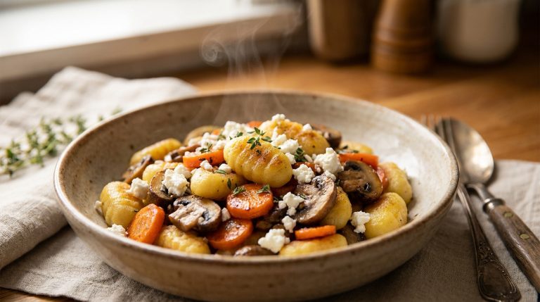 Bol de gnocchis chauds avec champignons sautés, carottes, feta émiettée et herbes fraîches, fumant sur une table en bois.