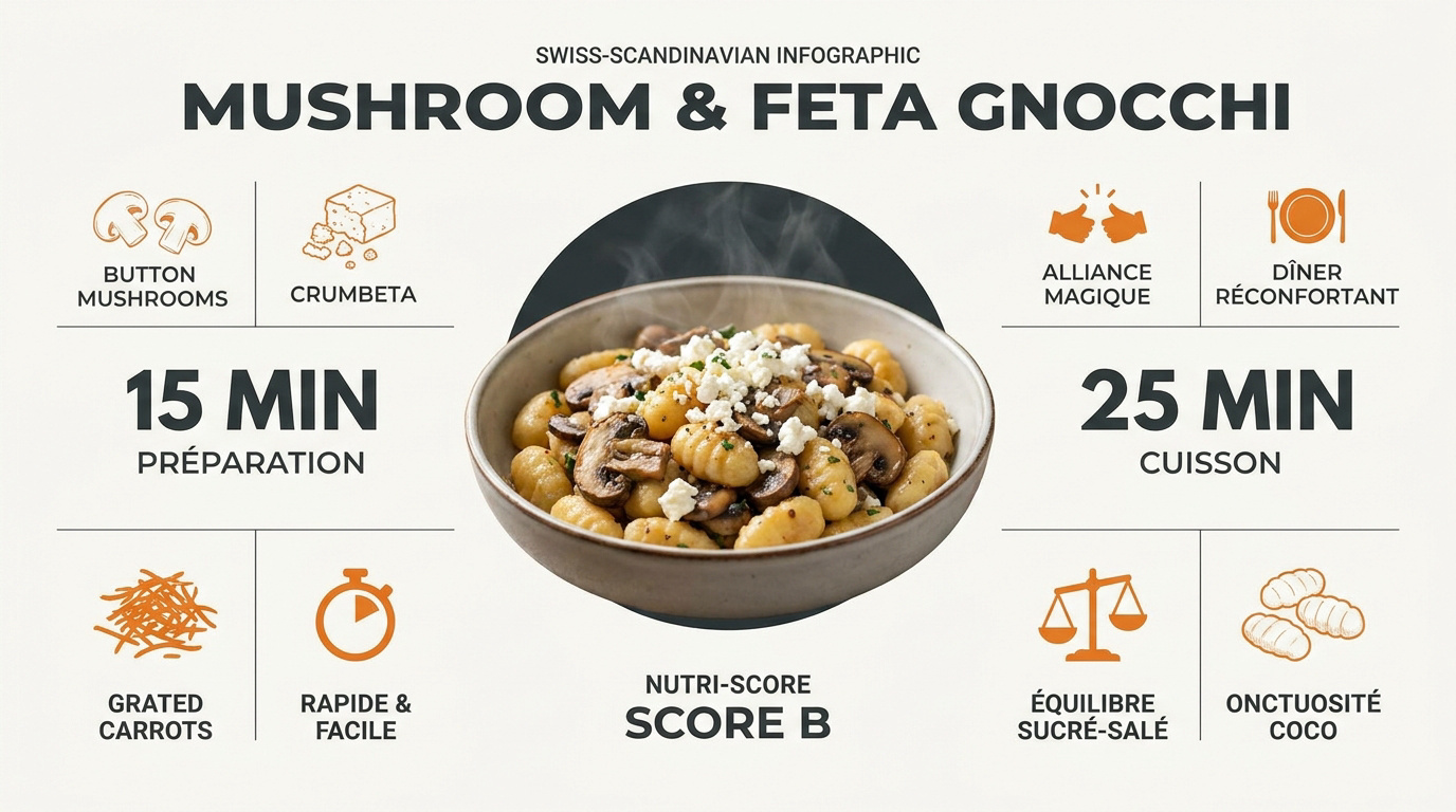 Poêlée de gnocchis dorés aux champignons de Paris carottes tendres et éclats de feta