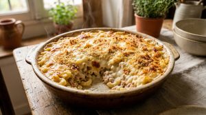 Un gratin de macaroni au thon chaud et gratiné dans un plat en céramique posé sur une table en bois rustique.