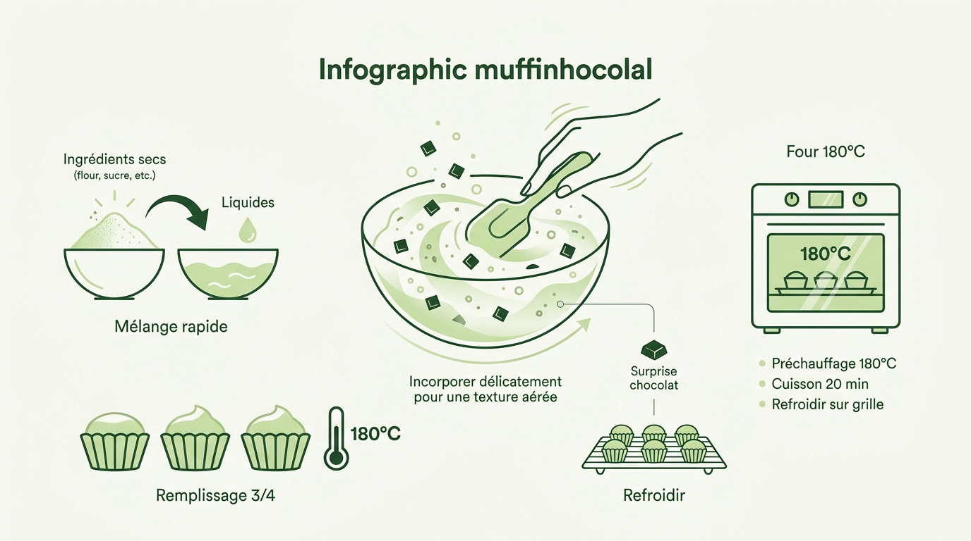 Infographie détaillant les étapes de préparation des muffins légers au chocolat et à la pistache