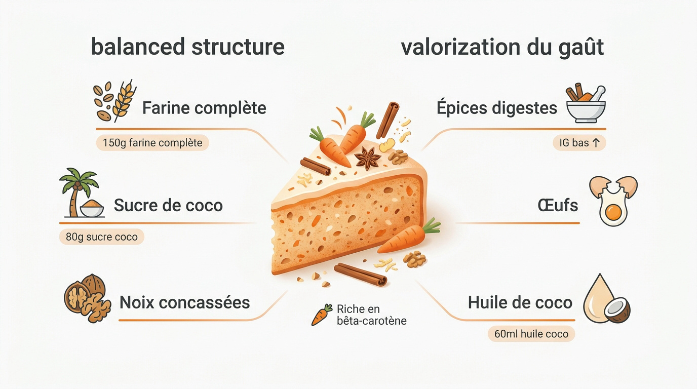 Infographie présentant les ingrédients sains et les bénéfices nutritionnels du gâteau à la carotte