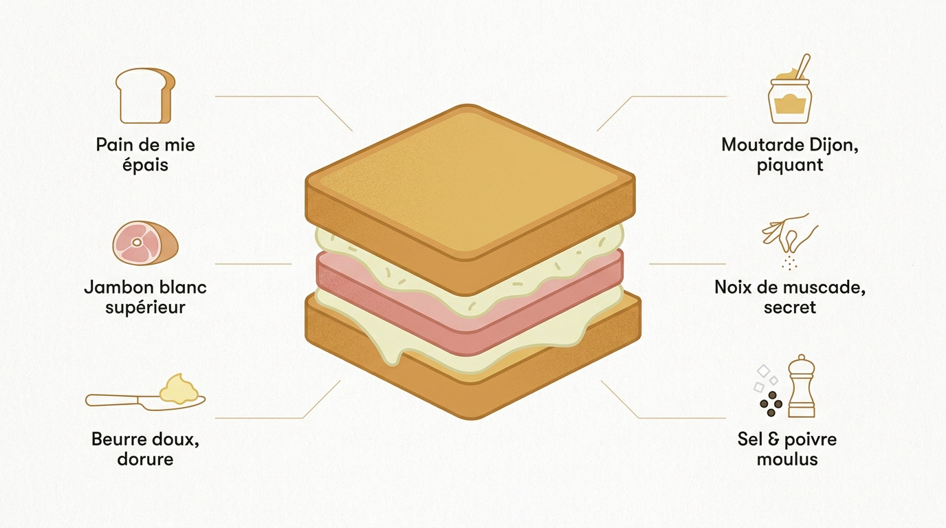 Infographie détaillant les étapes et ingrédients pour réussir un croque-monsieur au camembert parfait