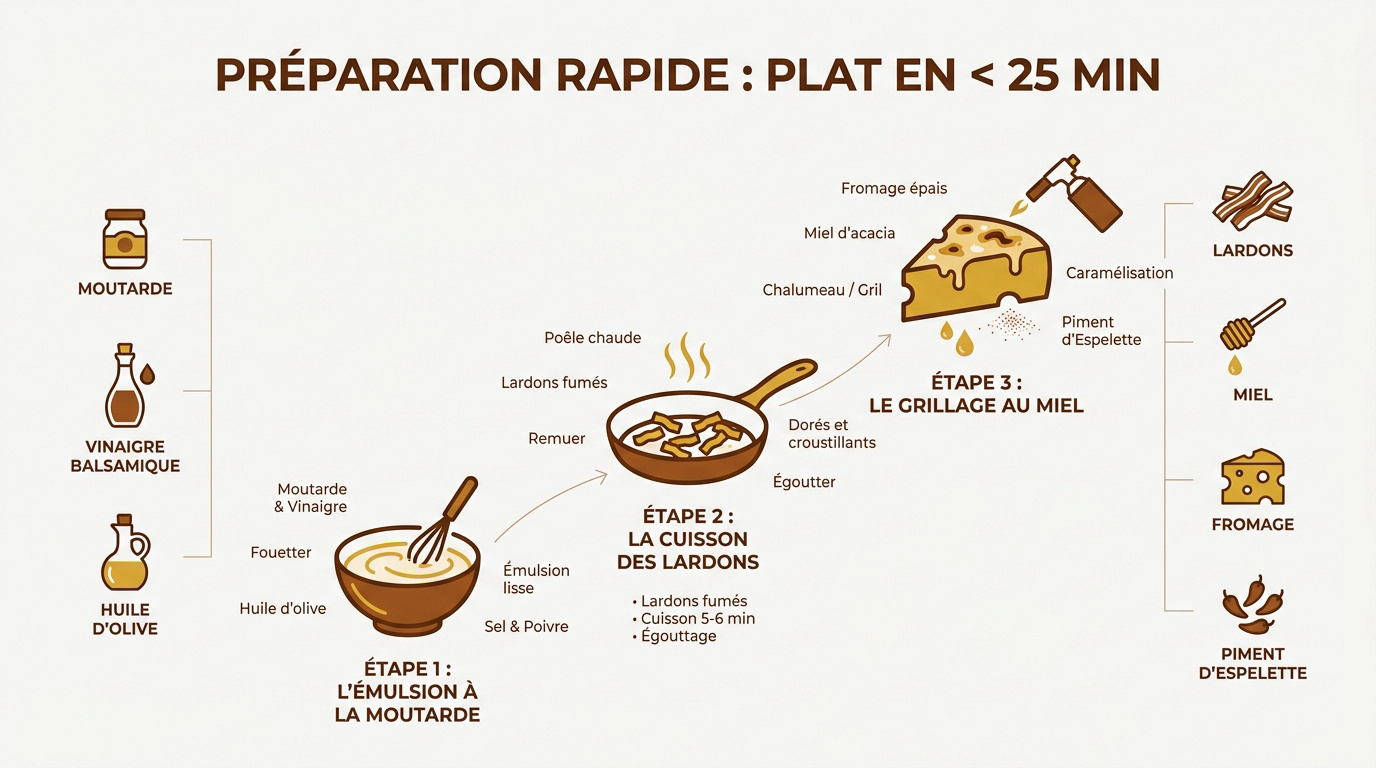 Infographie montrant les étapes de préparation d'une salade gourmande en moins de 25 minutes