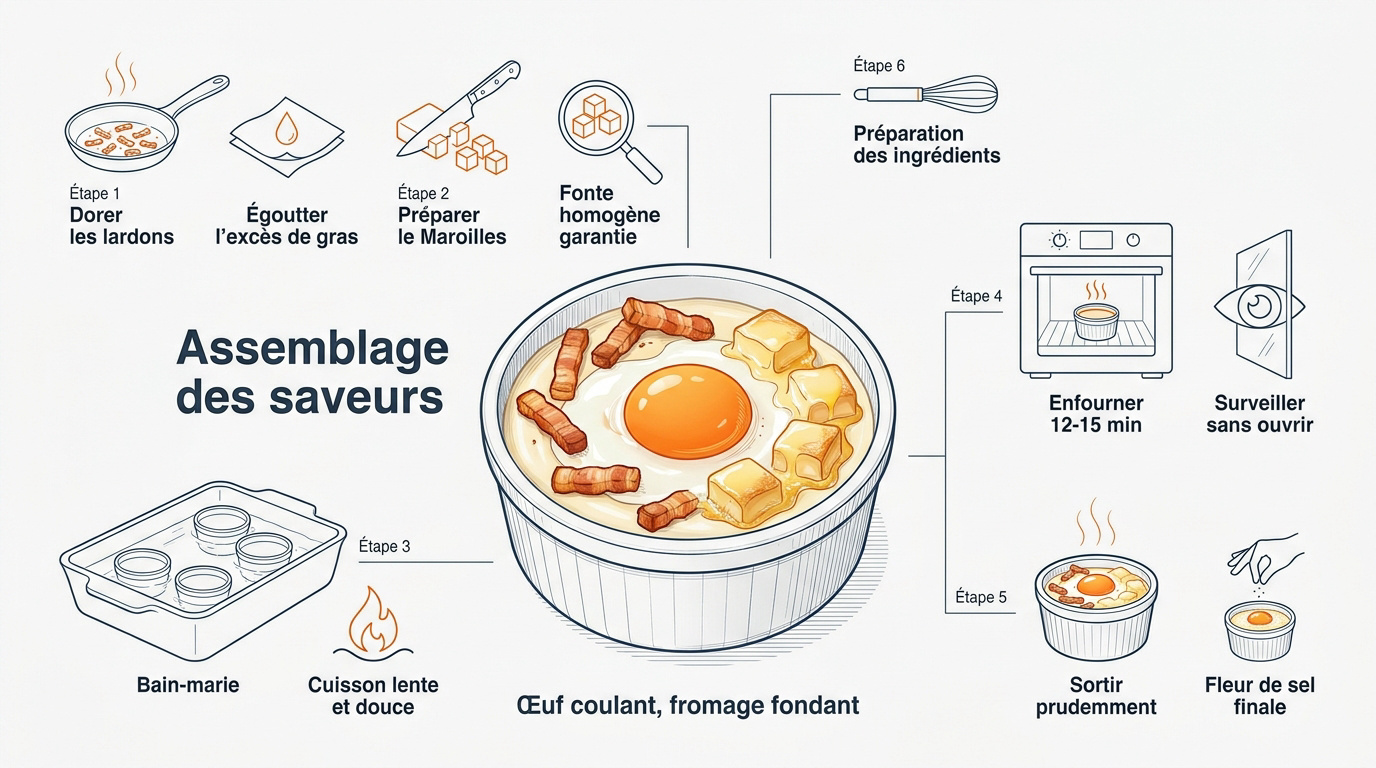 Étapes illustrées pour préparer un ramequin d'œuf cocotte gourmand au fromage et lardons
