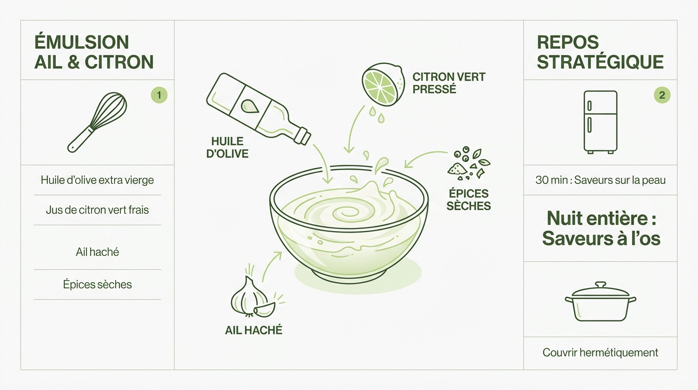 Infographie détaillant les étapes de préparation d'une marinade pour poulet