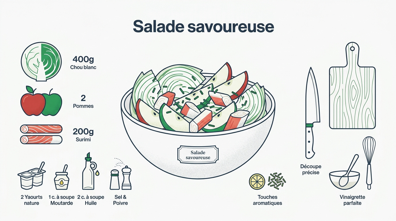 Infographie de la recette salade légère chou blanc pommes et surimi