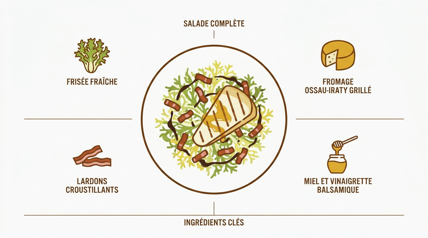 Infographie montrant la préparation d'une salade frisée aux lardons et fromage de brebis grillé