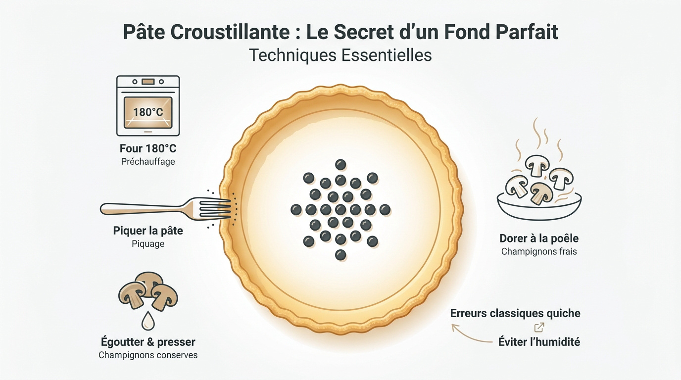Infographie expliquant les secrets pour réussir une pâte à quiche croustillante et dorée