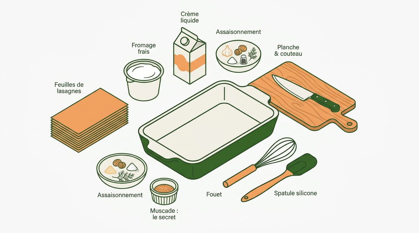 Ingrédients frais pour cuisiner des lasagnes au saumon et épinards