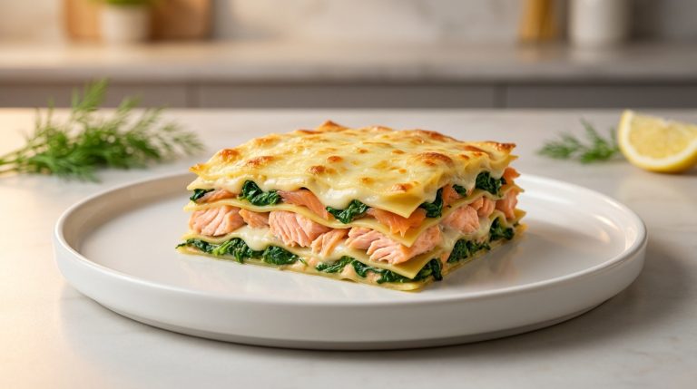 Une part de lasagnes au saumon et aux épinards avec une couche de fromage doré sur une assiette blanche.