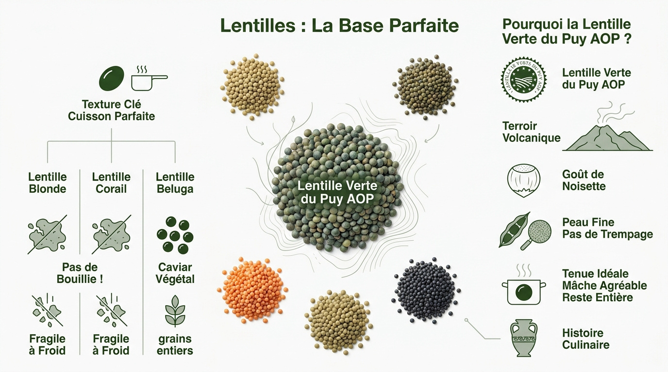 Lentilles vertes du Puy AOP dans un bol en bois prêtes pour la cuisson