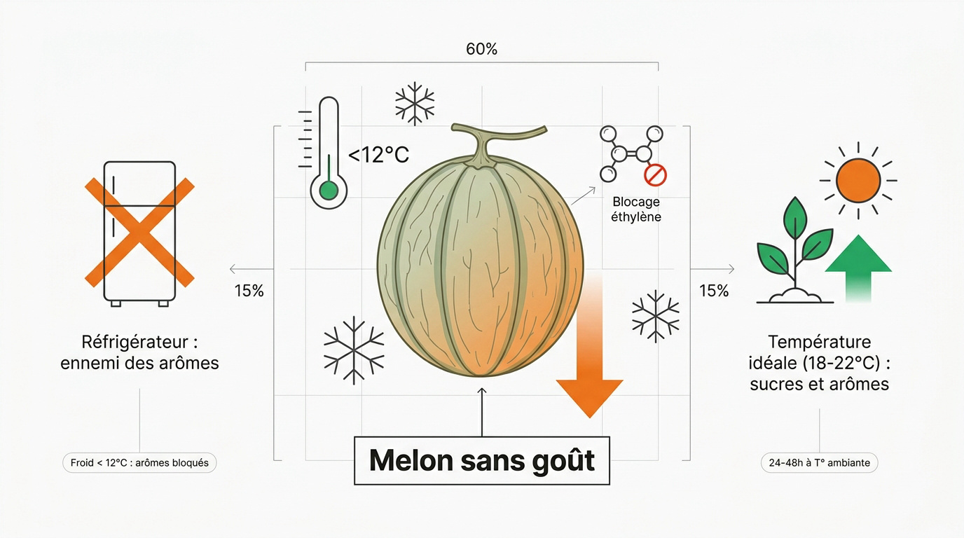 Melon coupé sur une table montrant une chair juteuse mais dont les arômes sont menacés par le froid