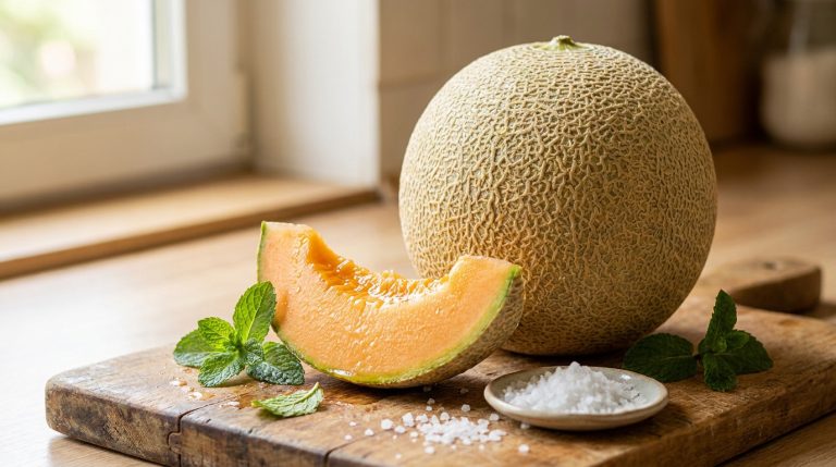 Un melon entier et une tranche sur une planche en bois avec de la menthe et une petite coupelle de sel.
