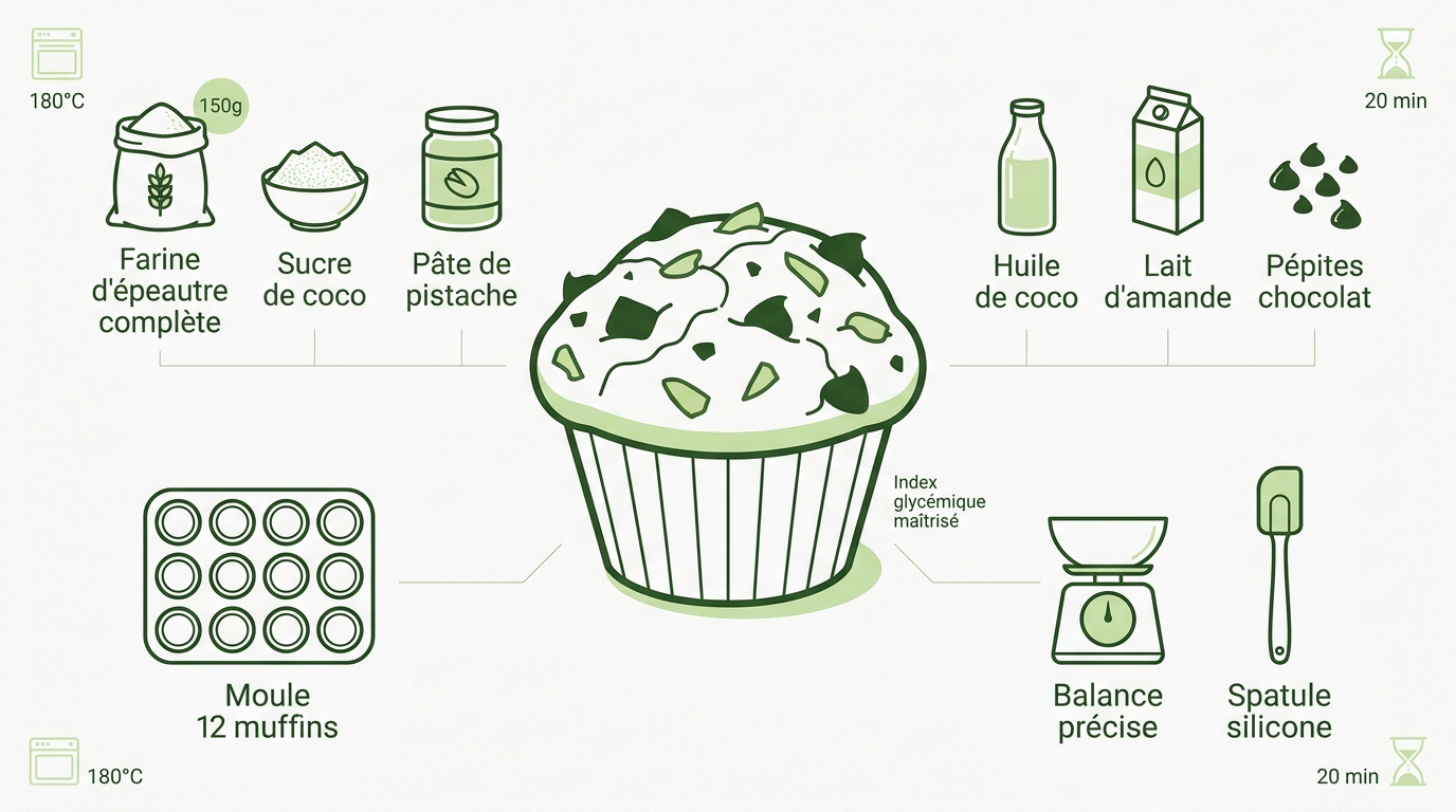 Ingrédients naturels et ustensiles pour muffins chocolat pistache
