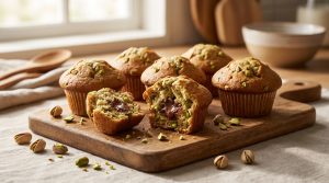 Plusieurs muffins à la pistache sur une planche en bois, avec un cœur fondant au chocolat visible au centre.