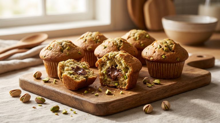 Plusieurs muffins à la pistache sur une planche en bois, avec un cœur fondant au chocolat visible au centre.