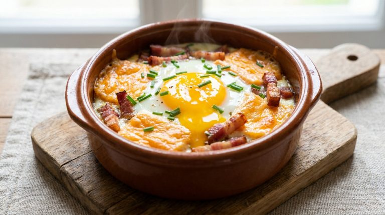 Un œuf cocotte fumant au Maroilles et lardons dans un ramequin en terre cuite sur une planche en bois.