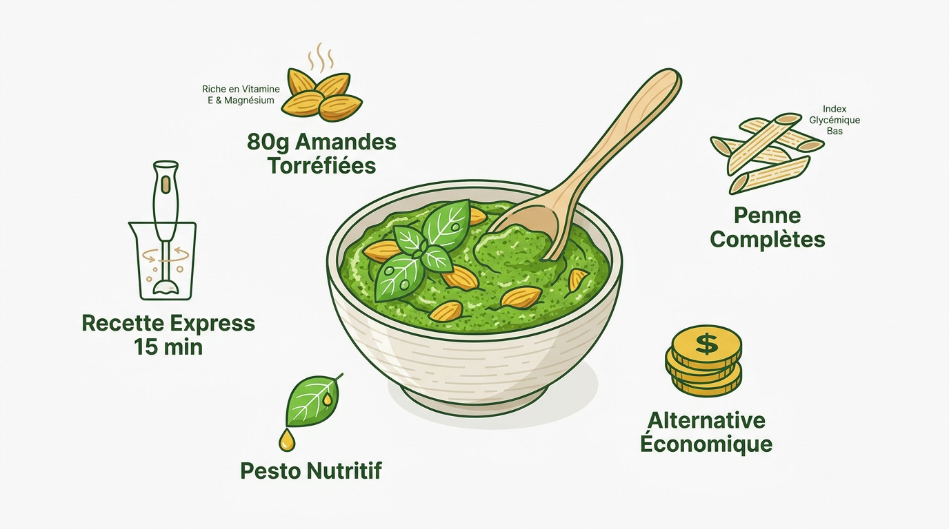 Plat de penne complètes au pesto d'amandes et basilic frais
