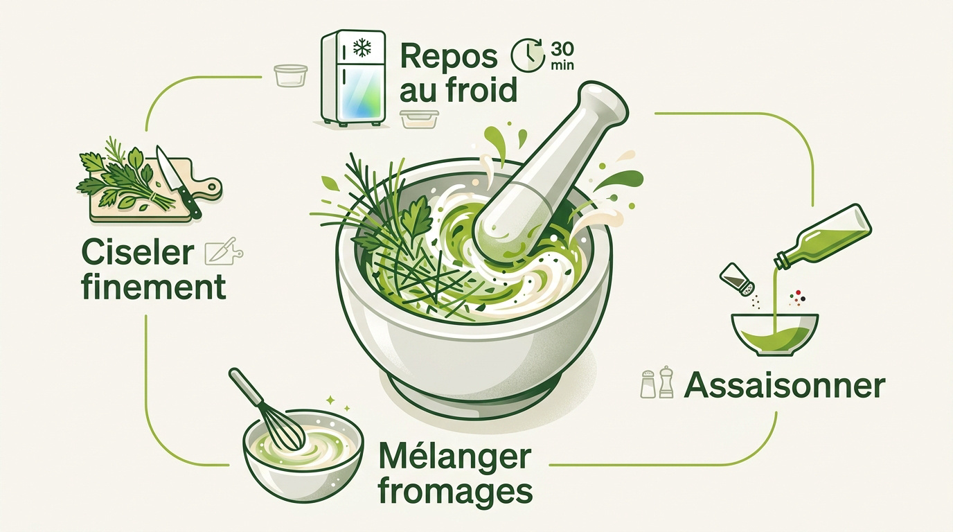Préparation onctueuse de fromage de chèvre frais et herbes aromatiques ciselées