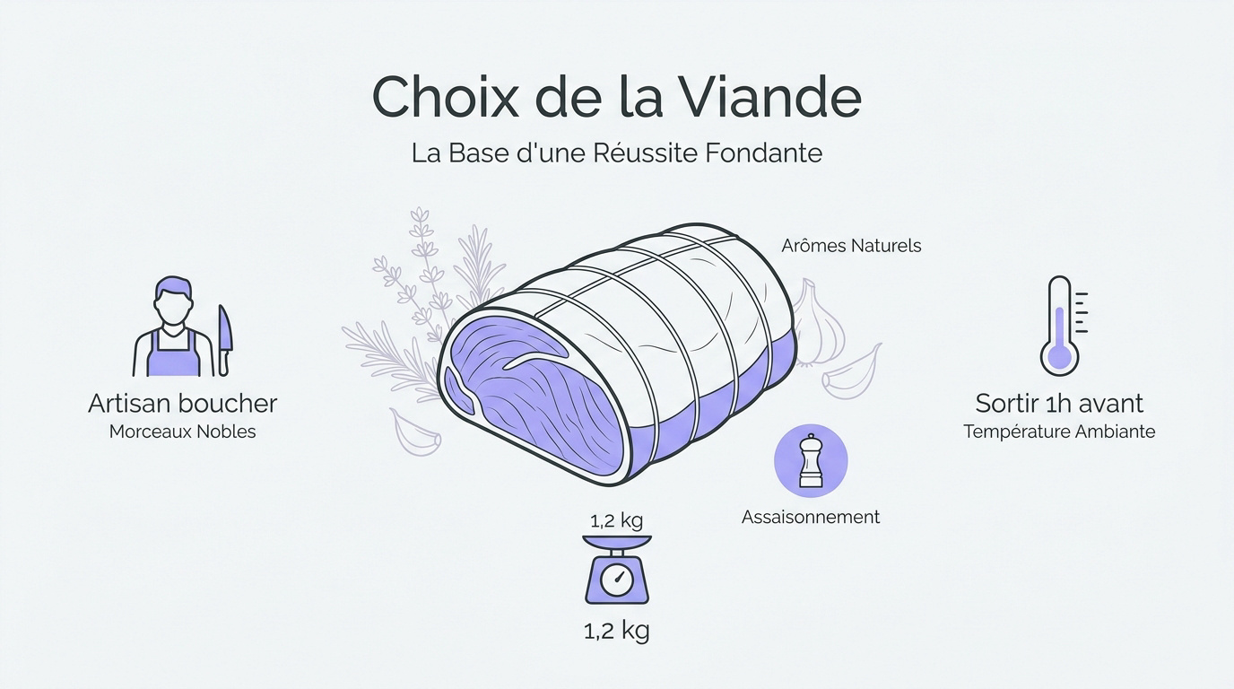Ingrédients frais et pièce de bœuf ficelée pour la préparation du rôti