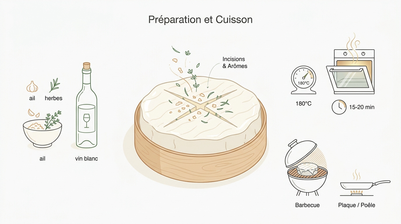 Préparation d'un camembert rôti au four avec des herbes et de l'ail