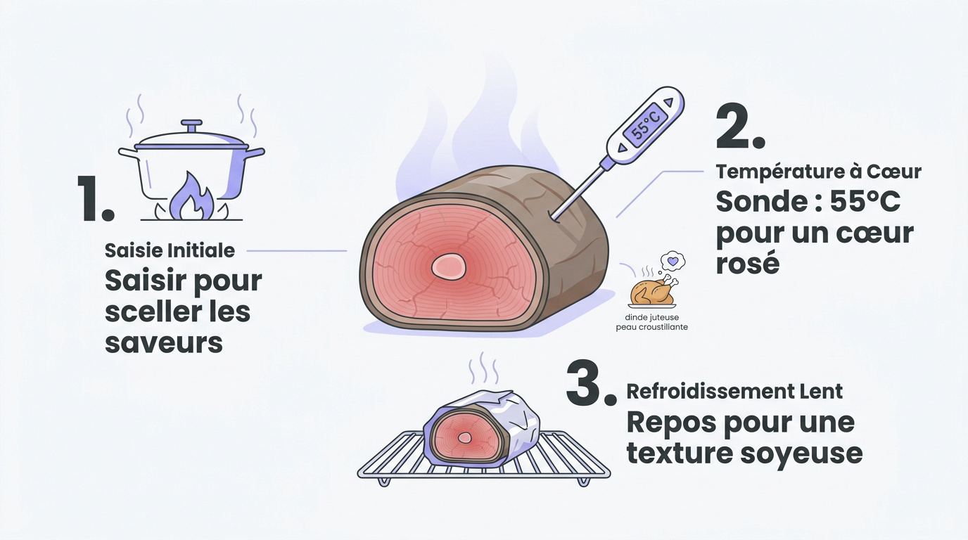 Étapes de saisie et de cuisson d'un rôti de bœuf en cocotte