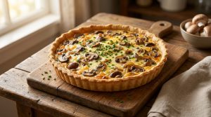 Une quiche dorée aux champignons et fromage parsemée de ciboulette sur une planche en bois près d'une fenêtre.