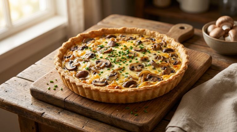 Une quiche dorée aux champignons et fromage parsemée de ciboulette sur une planche en bois près d'une fenêtre.
