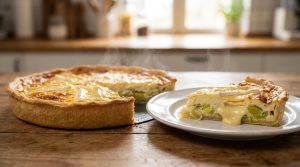 Une quiche aux poireaux et camembert fumante avec une part servie sur une assiette dans une cuisine lumineuse.