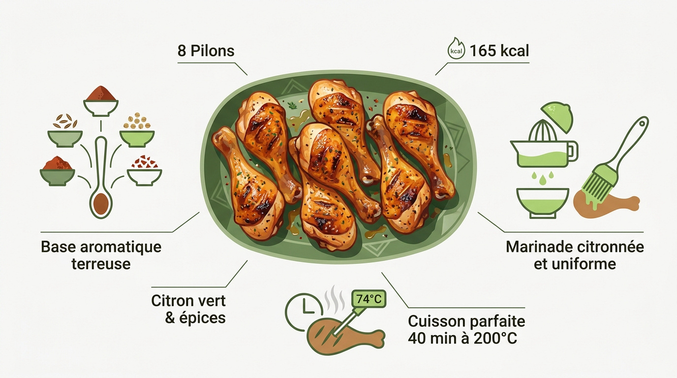 Pilons de poulet rôtis au citron vert et épices dans un plat en céramique