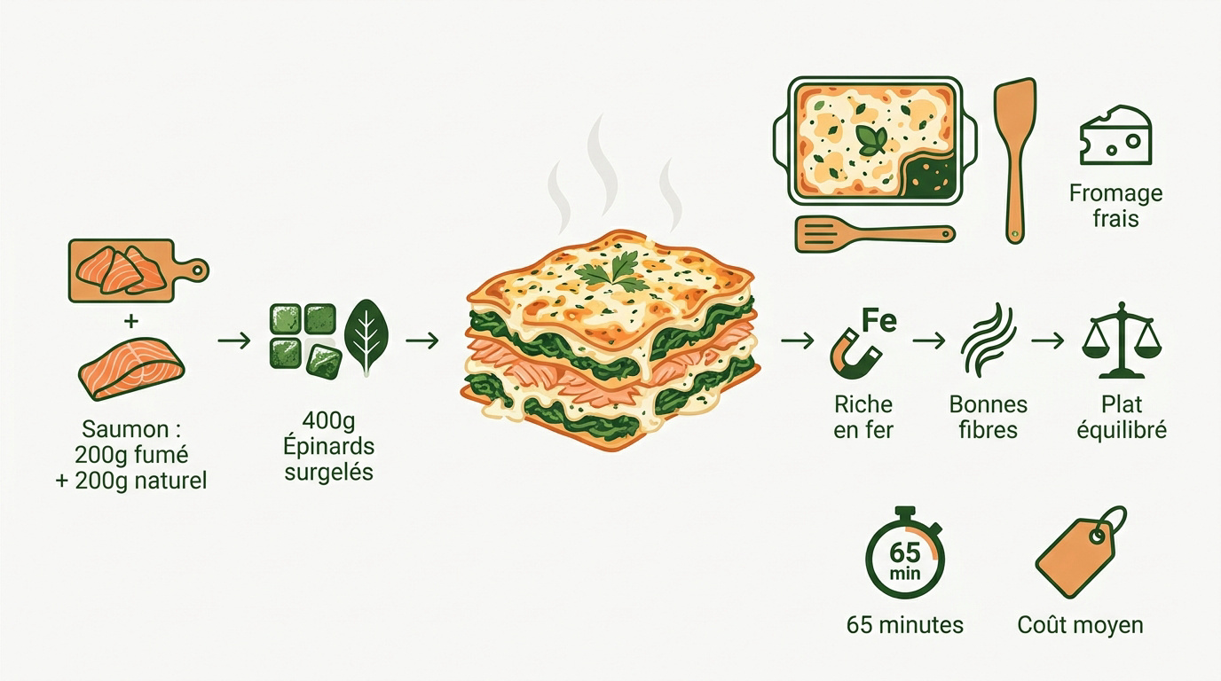Infographie de la recette des lasagnes aux deux saumons et épinards