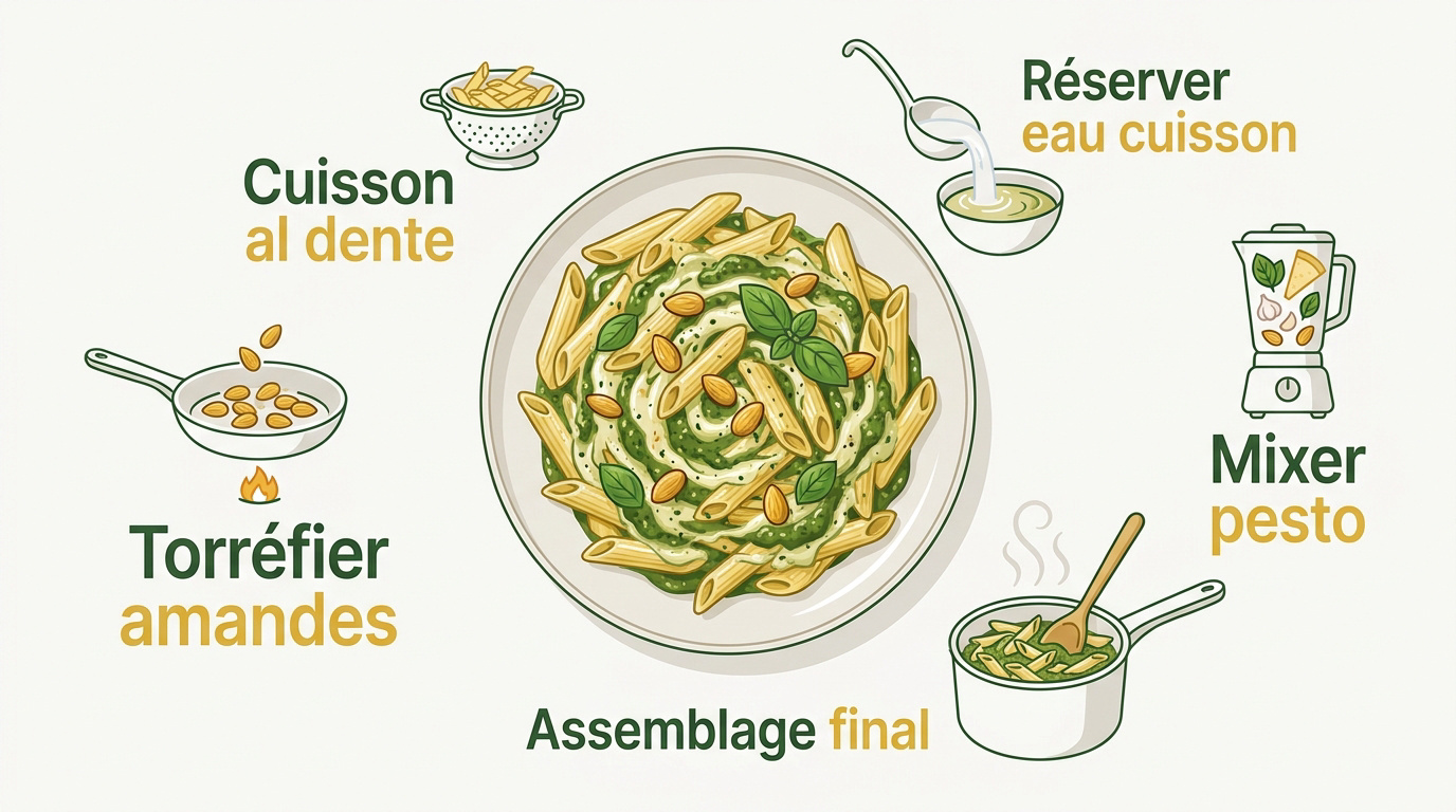 Préparation des penne au pesto d'amandes avec torréfaction et cuisson al dente