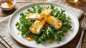 Tranches de fromage de brebis grillé sur un lit de salade verte, avec du miel qui coule sur le dessus.