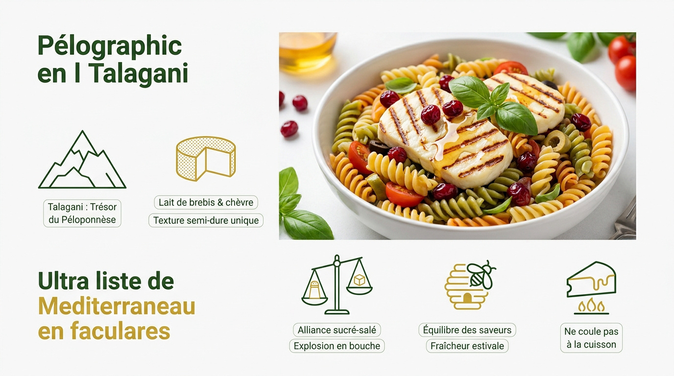 Salade de pâtes méditerranéenne au fromage talagani grillé et fruits secs