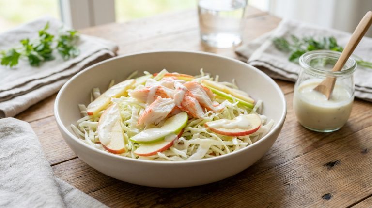 Bol de salade de chou émincé, surimi et tranches de pommes avec une sauce au yaourt sur une table en bois.