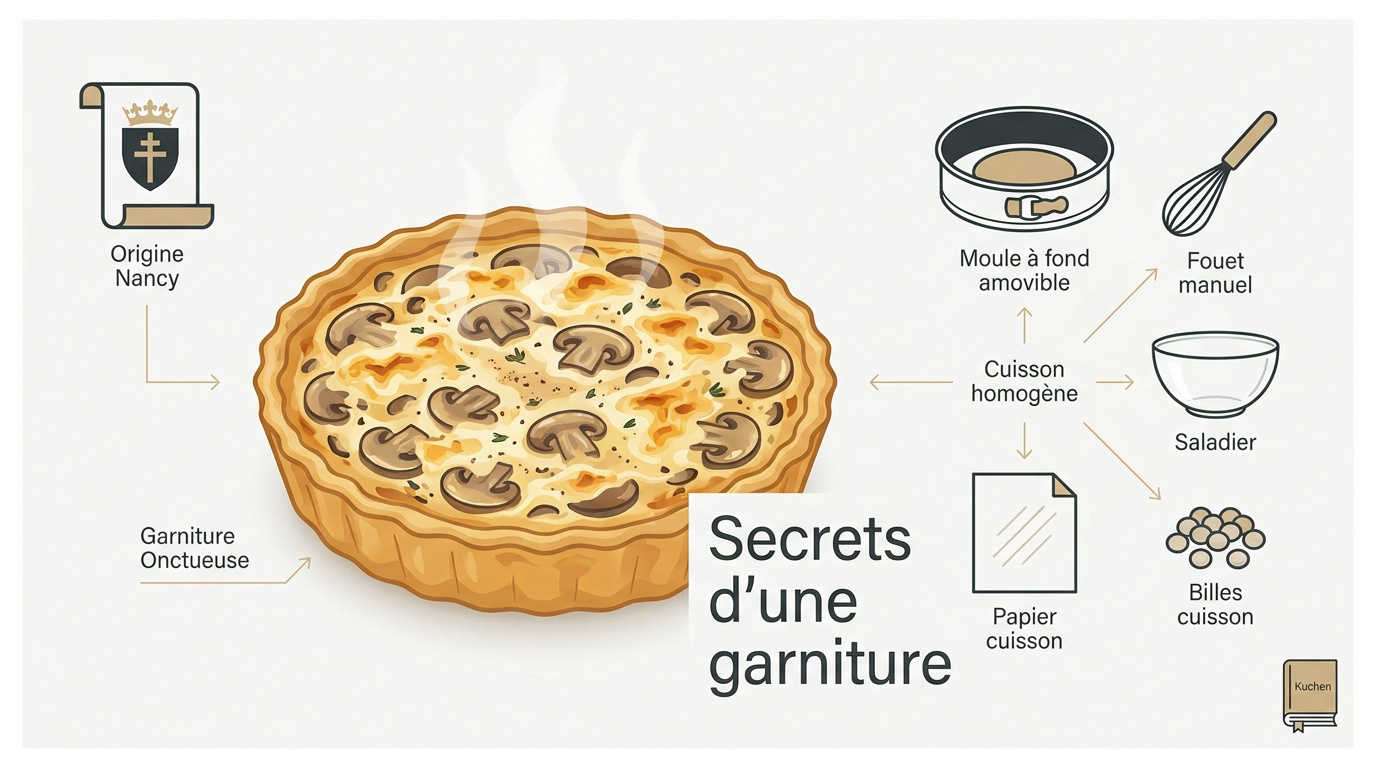 Quiche aux champignons dorée et fondante sortant du four