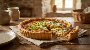 Une tarte aux oignons dorée et parsemée de ciboulette sur une table en bois rustique avec une part coupée.