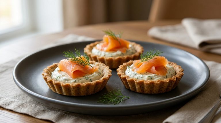 Trois tartelettes au blé noir garnies de crème aux herbes et de saumon fumé, servies sur une assiette grise.